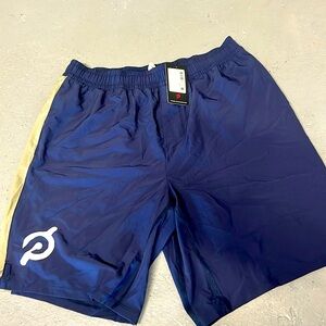 Peloton 9’’ shorts. Blue and grey stipe. Size L. New with tags